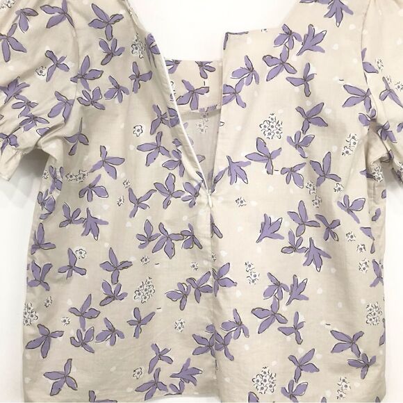 Senlis Anthropologie 100% Cotton Purple Cream Floral Puff Sleeve Blouse - Picture 10 of 15